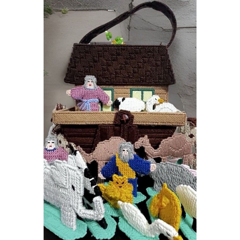 Vintage 1980s Noah's Ark Plastic Canvas Needlepoint Playset 27pc Handmade Animal